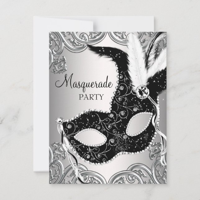 Invitation Soirée mascarade en argent et masque noir (Devant)