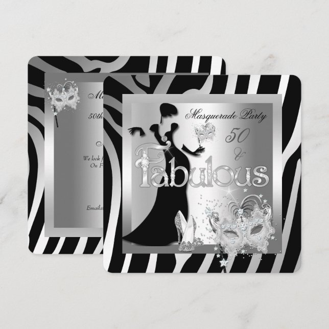 Invitation Soirée Mascarade Incroyable 50 Zèbre Argent Noir (Devant / Derrière)