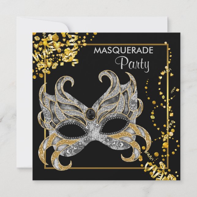 Invitation Soirée Masquée Élégante Argent Or (Devant)