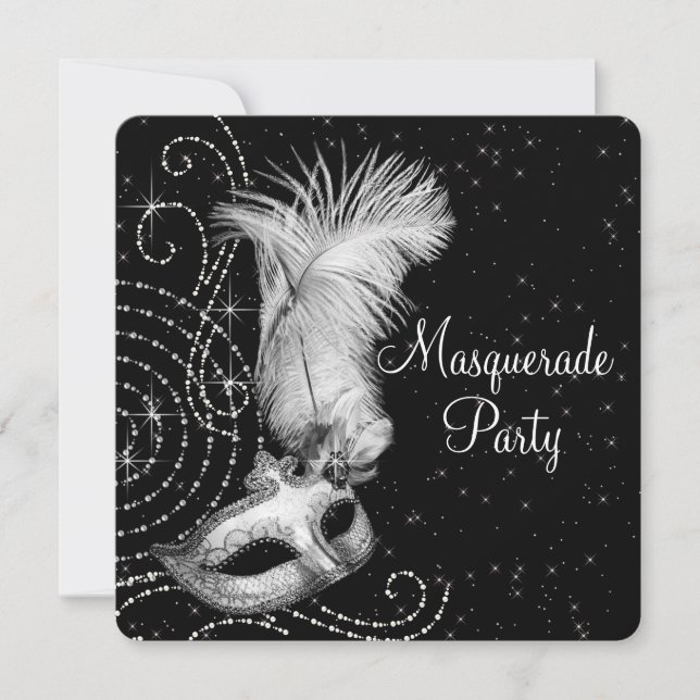 Invitation Soirée masquée élégante en noir et blanc (Devant)