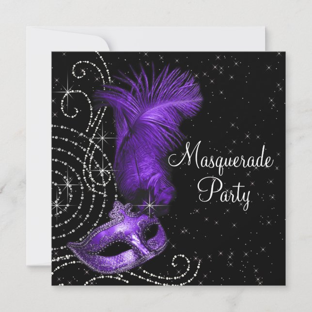 Invitation Soirée Masquée Élégante Noire et Violette (Devant)
