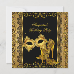 Invitation Soirée Masquée Masque Léopard Doré Talons Hauts 2