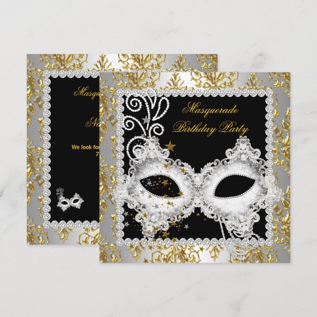 Invitation Soirée Masquée Masque Noir Damassé Argent Or 2 (Devant / Derrière)