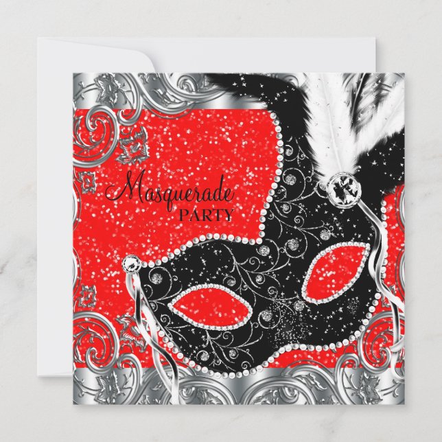 Invitation Soirée Masquée Rouge Argent et Masque Noir (Devant)