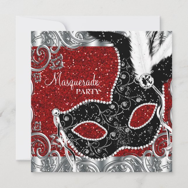 Invitation Soirée Masquée Rouge Argent et Masque Noir (Devant)