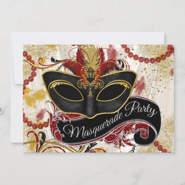 Invitation Soirée Masquée Rouge Noir Or (Devant)
