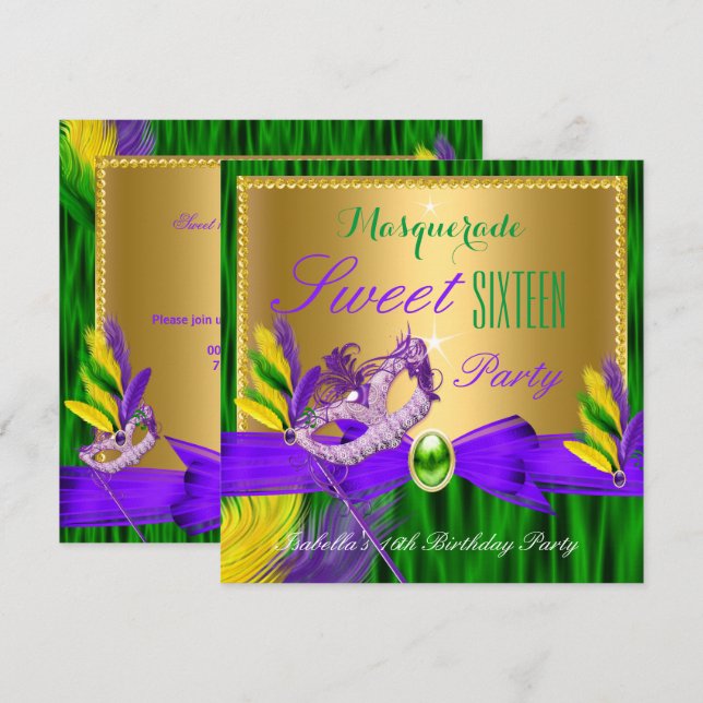 Invitation Soirée Masquée Sweet 16 Violet Vert Or (Devant / Derrière)