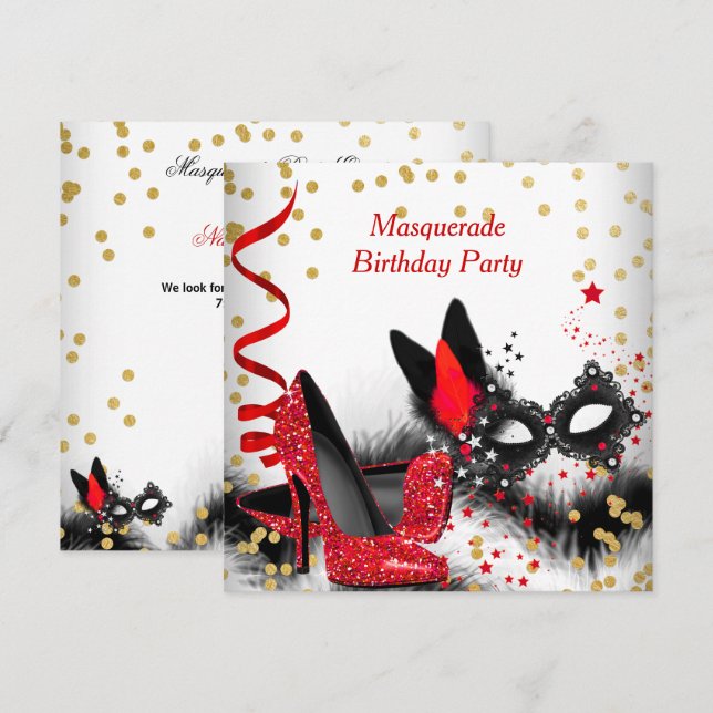 Invitation Soirée Masquée Talons Rouges Blanc Or Masque Noir (Devant / Derrière)