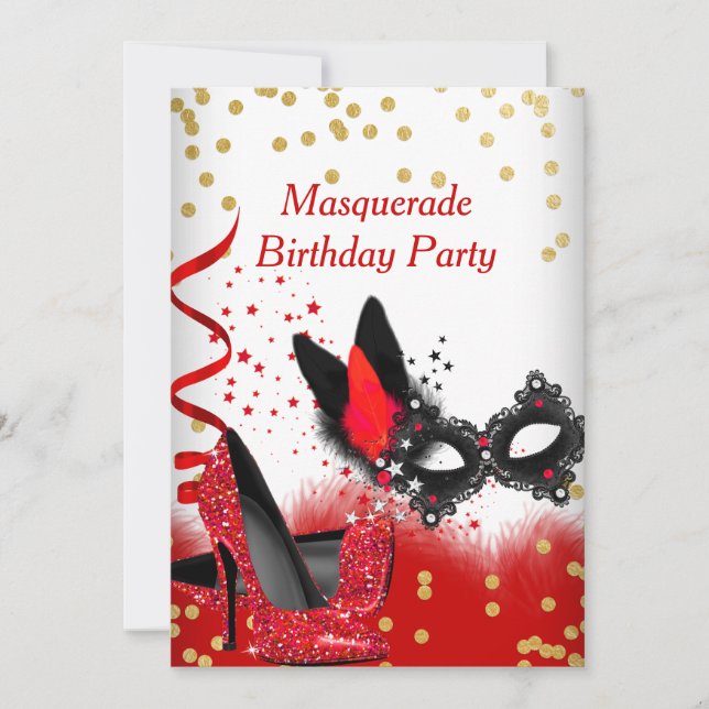 Invitation Soirée Masquée Talons Rouges Blanc Or Masque Noir  (Devant)
