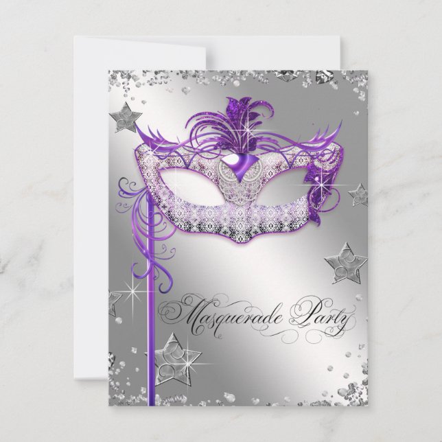 Invitation Soirée Masquée Violet aux Confettis d'Argent (Devant)