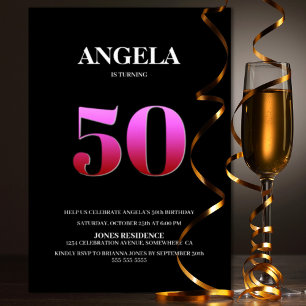 Invitation Soirée minimaliste de 50e anniversaire noir et ros
