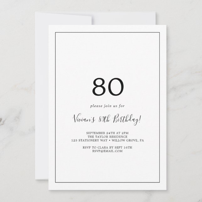 Invitation Soirée minimaliste de 80e anniversaire (Devant)