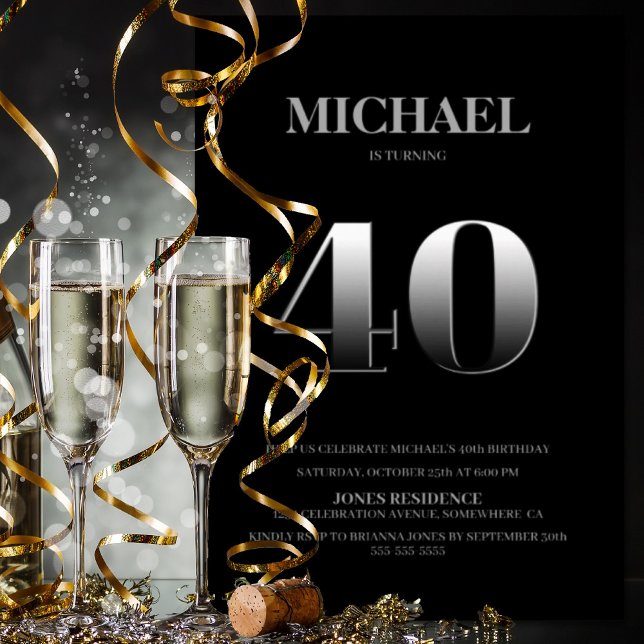 Invitation Soirée minimaliste Noir et Argent 40e anniversaire (Créateur téléchargé)