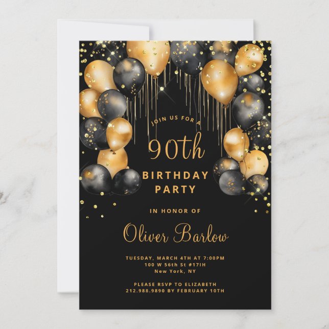 Invitation Soirée moderne 90e anniversaire Black Gold (Devant)