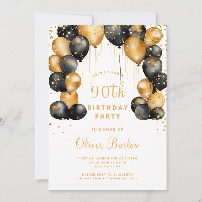 Invitation Soirée moderne 90e anniversaire Black Gold (Devant)