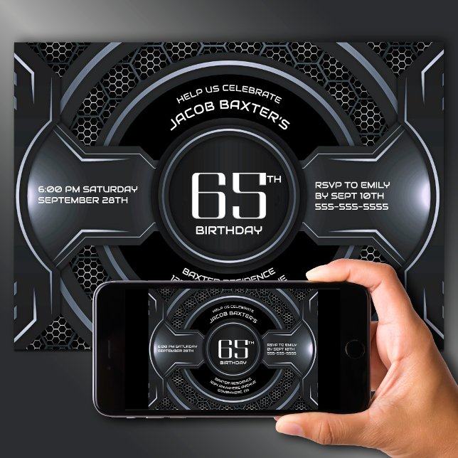 Invitation Soirée moderne en argent noir 65e anniversaire (Créateur téléchargé)
