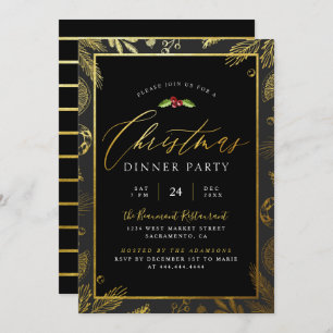 Invitation Soirée moderne Gold Foil & Black Christmas Dinner 