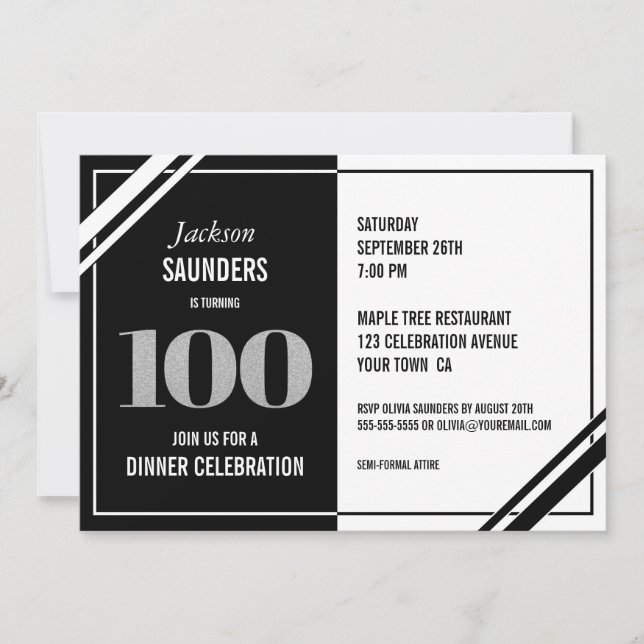 Invitation Soirée moderne Noir Blanc 100e anniversaire (Devant)