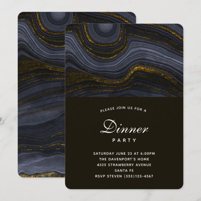 Invitation Soirée moderne Noir et Or Agate Pierre (Devant / Derrière)