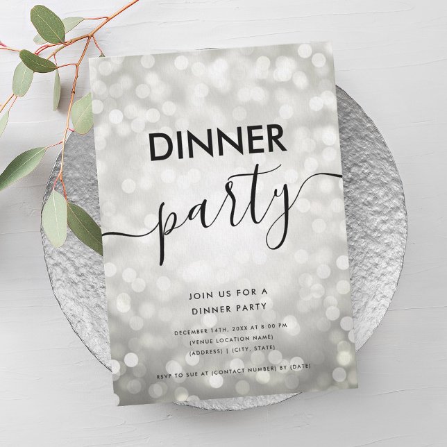 Invitation Soirée moderne Parties scintillant d'argent Lights (Modern Silver Glitter Lights Dinner Party Invitation)