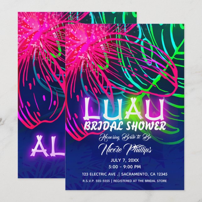 Invitation Soirée Néon Tropicale de Mariage Électrique Luau (Devant / Derrière)