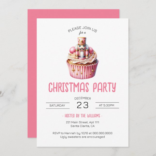 Invitation Soirée Noël Cupcake Cupcake Rose (Devant / Derrière)