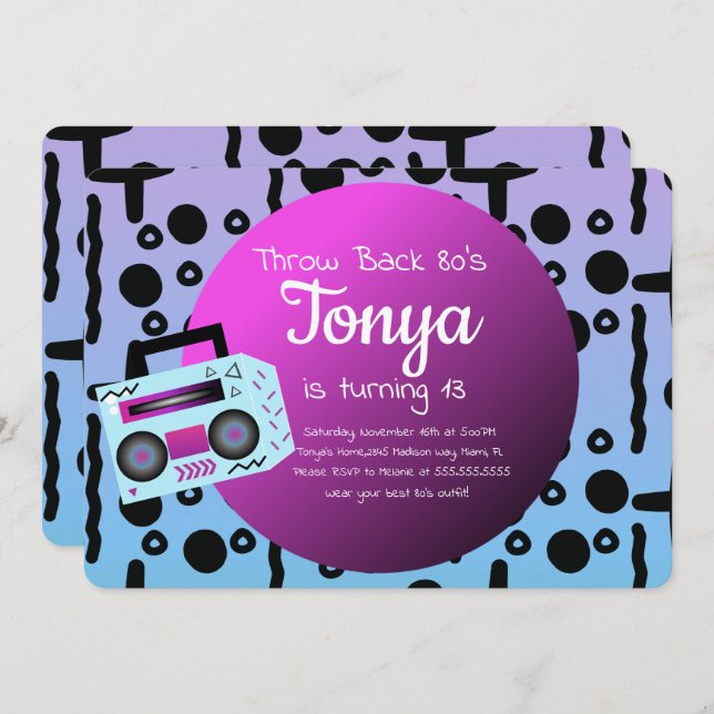 Invitation Soirée Ombre BoomBox Vintage 80s 90s Rétro (Devant / Derrière)