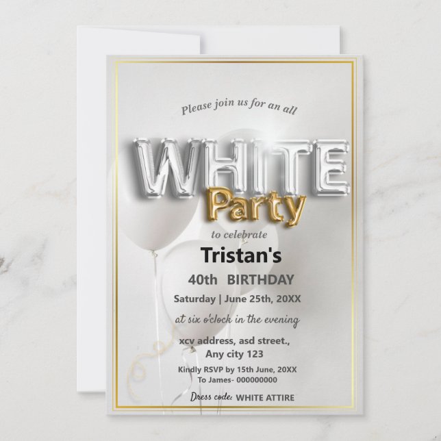 Invitation Soirée ou fête tout en blanc (Devant)
