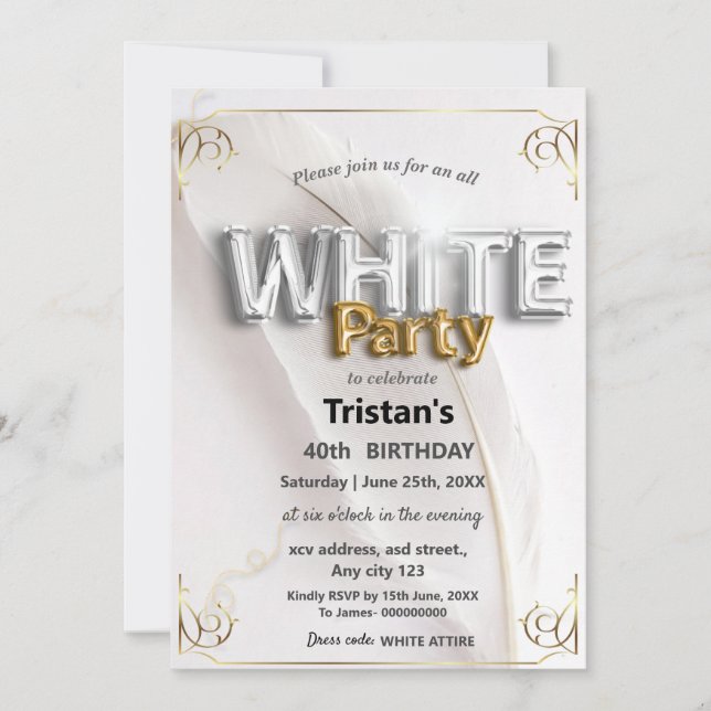 Invitation Soirée ou fête tout en blanc (Devant)