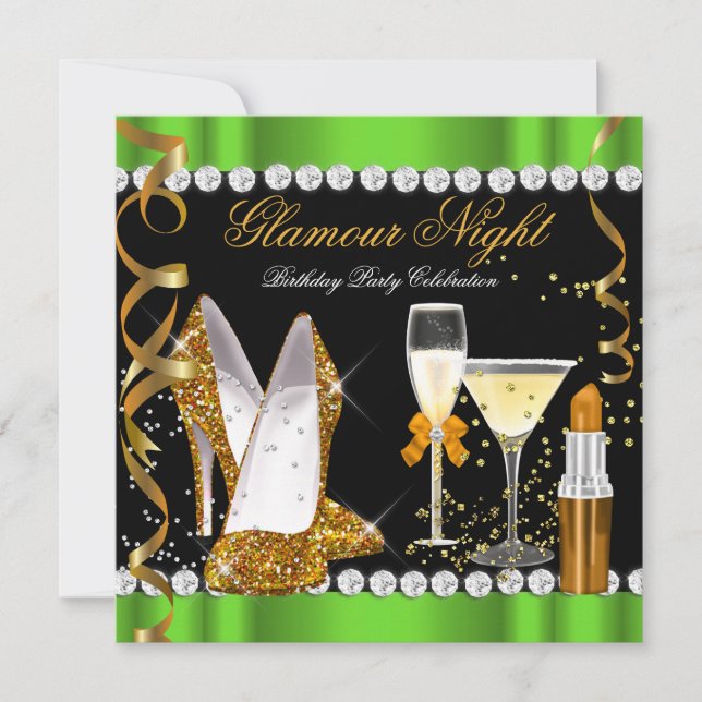 Invitation Soirée Paillettes Luxe Vert Citron Or Noir Fête (Devant)