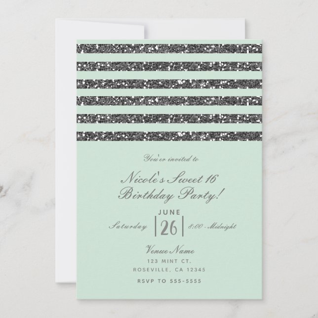 Invitation Soirée Parties scintillant Minty Green & Silver (Devant)