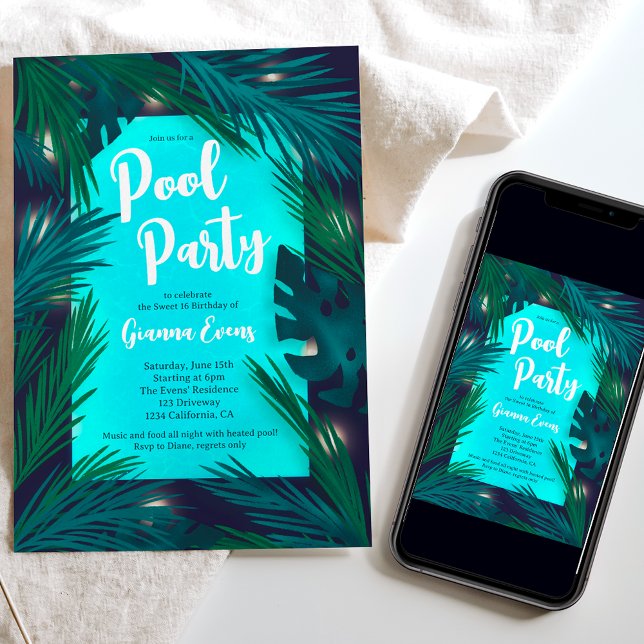 Invitation Soirée Paume Tropical illuminations piscine Sweet  (Evening Tropical palm lights pool party Sweet 16 Invitation)