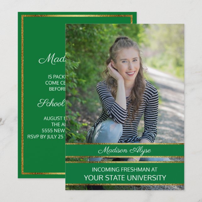 Invitation Soirée photo verte et Gold (Devant / Derrière)