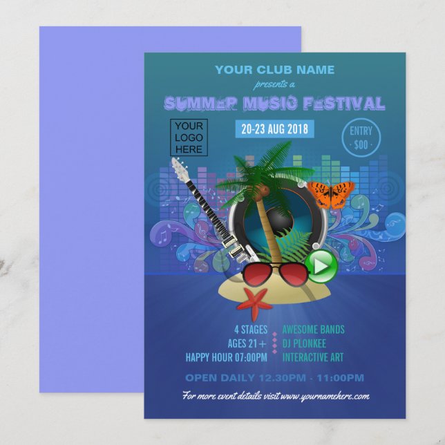 Invitation Soirée plage du Summer Club avec logo (Devant / Derrière)