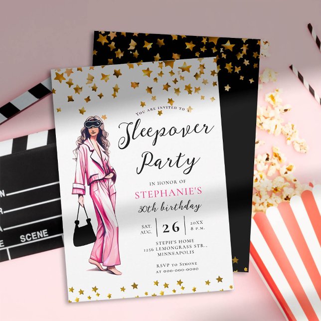 Invitation Soirée pour adultes Mode rose 30e anniversaire (adult sleepover party invitation 30th birthday women fashion pajama hot pink gold stars elegant chic)