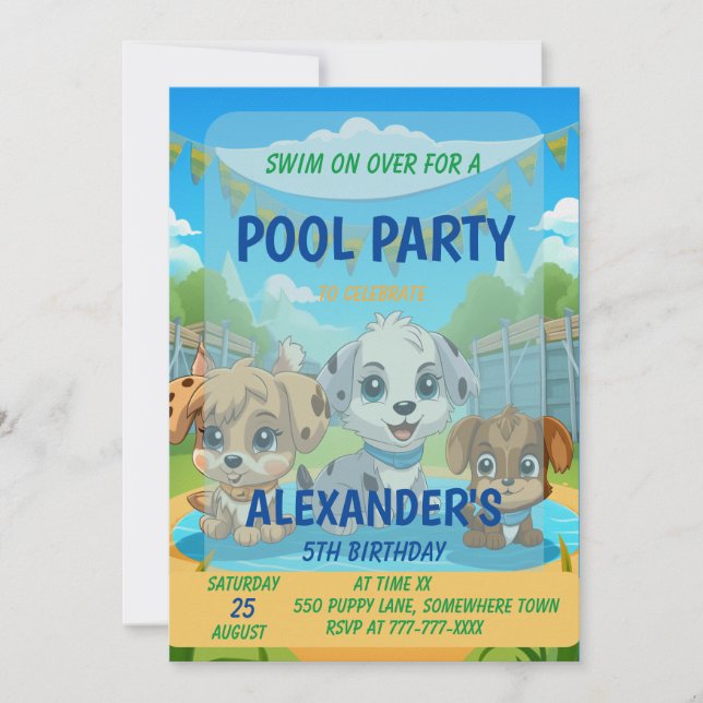Invitation Soirée Puppy Pool Party Anniversaire personnalisé (Devant)