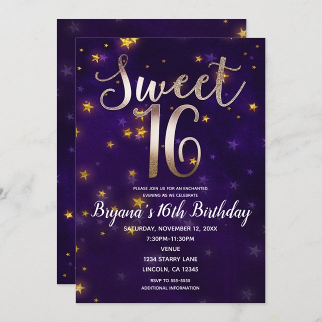 Invitation Soirée Purple & Gold Sous Les Étoiles Sweet 16 Par (Devant / Derrière)
