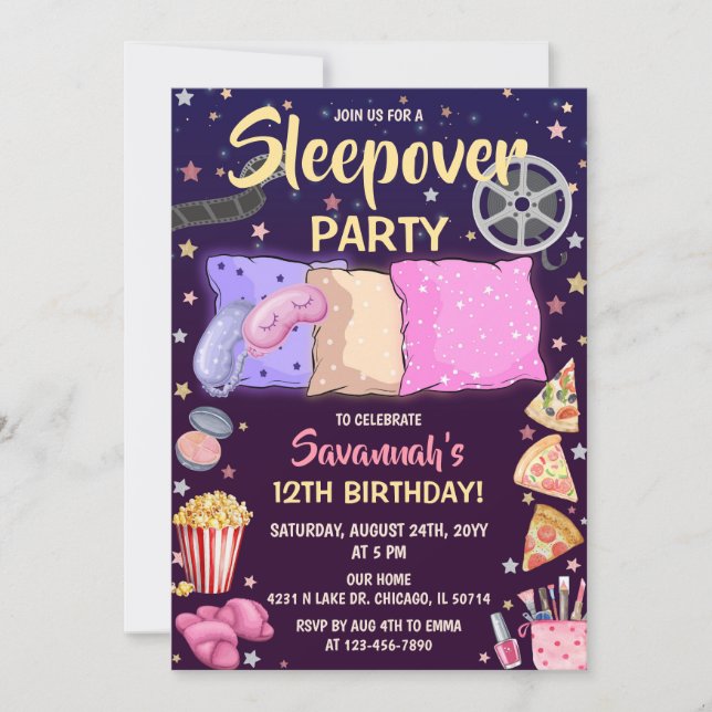 Invitation Soirée Pyjama d'anniversaire pour filles (Devant)