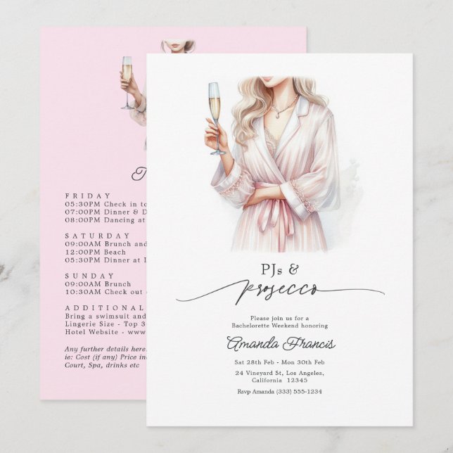 Invitation Soirée Pyjama 'PJs & Prosecco' Week-end d'Enterrem (Devant / Derrière)