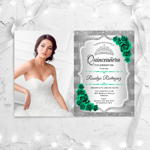 Invitation Soirée Quinceanera Verte En Argent Avec Photo