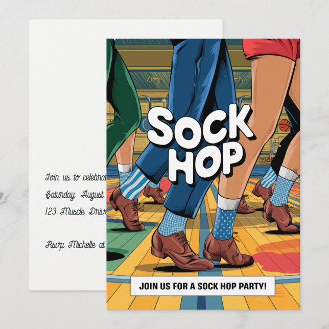 Invitation Soirée Rétro Sock Hop (Devant / Derrière)