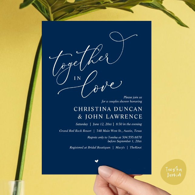 Invitation Soirée Romantique Couples Douche, Ensemble Dans L' (Together in Love, Romantic Couples Shower Party Invitation Card PDF modern minimalist Navy Blue)