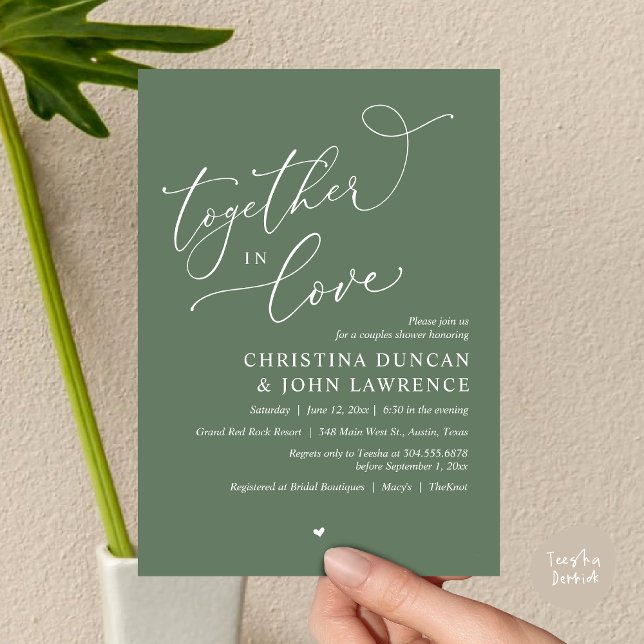 Invitation Soirée Romantique Couples Douche, Ensemble Dans L' (Together in Love, Romantic Couples Shower Party Invitation Card PDF modern minimalist Sage Green)