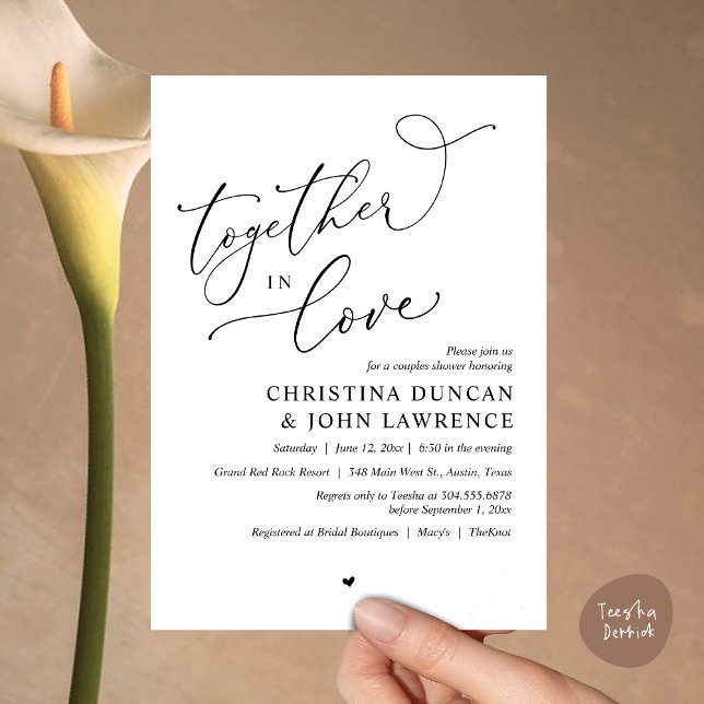 Invitation Soirée Romantique Couples Douche, Ensemble Dans L' (Together in Love, Romantic Couples Shower Party Invitation Card PDF modern minimalist Black White)