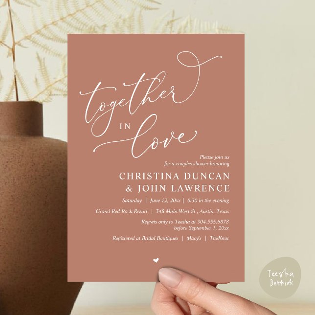 Invitation Soirée Romantique Couples Douche, Ensemble Dans L' (Together in Love, Romantic Couples Shower Party Invitation Card PDF modern minimalist Earthy Brown)