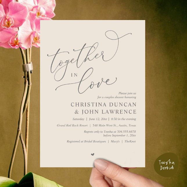Invitation Soirée Romantique Couples Douche, Ensemble Dans L' (Together in Love, Romantic Couples Shower Party Invitation Card PDF modern minimalist Cream Grey)