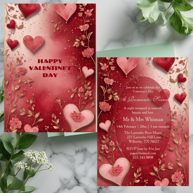 Invitation Soirée Romantique de la Saint-Valentin Couple Cœur (Valentines Day Couple's Romantic Soiree Red Hearts Invitation)