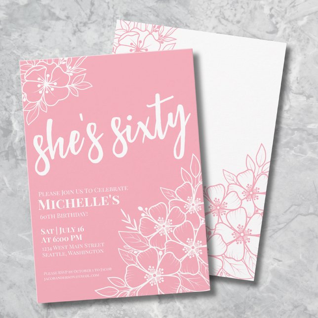 Invitation Soirée rose 60e anniversaire (Elegant Sixty Pink 60th Birthday Party Invitation)