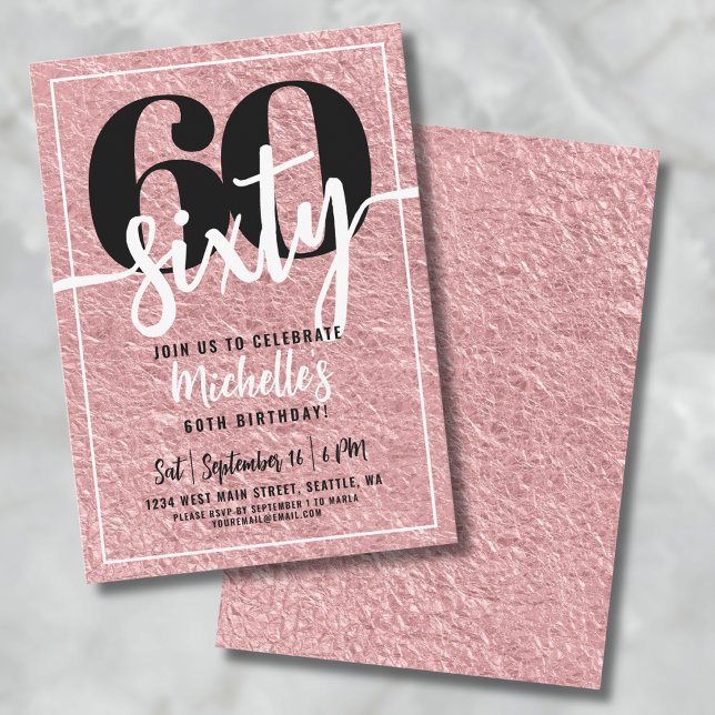 Invitation Soirée rose Gold 60e anniversaire (Modern Rose Gold 60th Birthday Party Invitation )