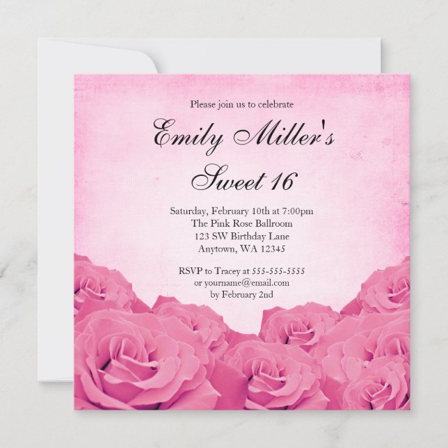 Invitation Soirée rose rose Vintage 16 Anniversaire (Devant)